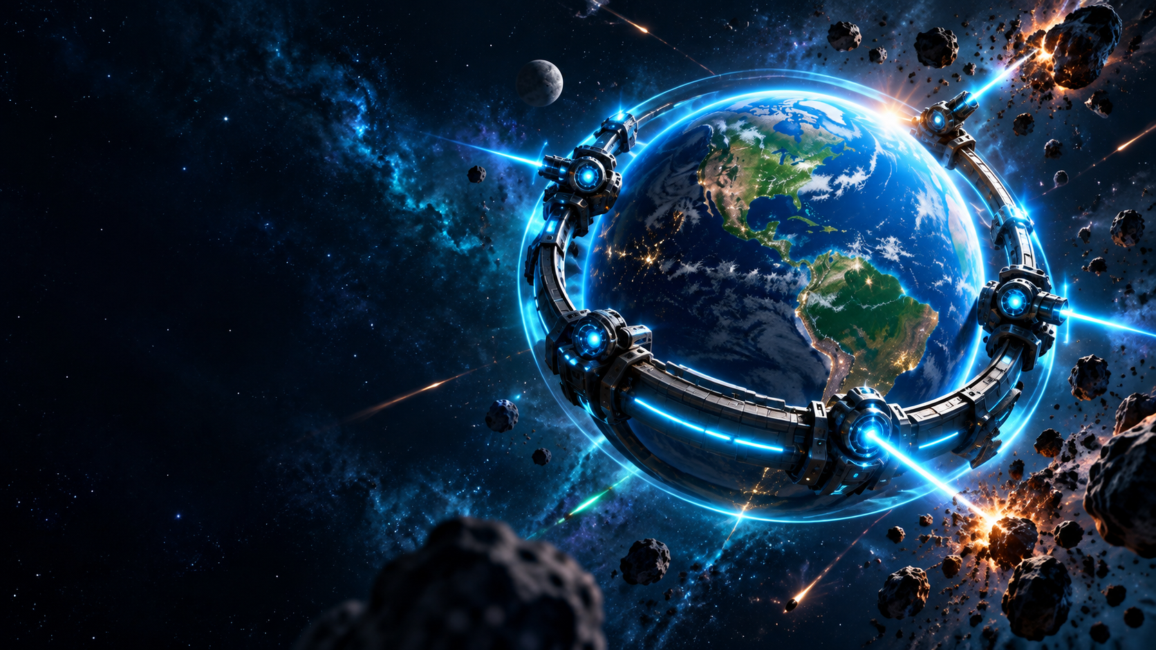Concept art of an orbital defense ring protecting Earth from a space attack