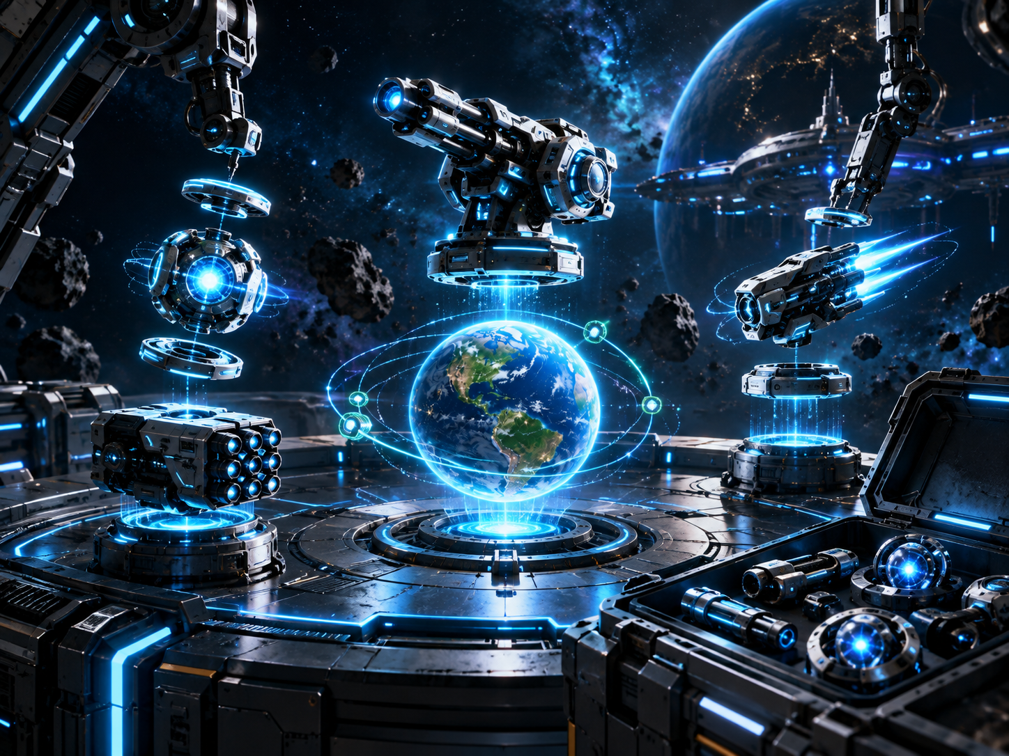 Futuristic defense workshop with a holographic Earth